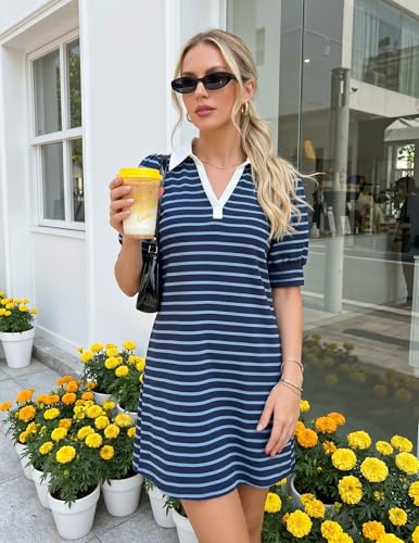 Image of ZESICA Womens Summer Striped T Shirt Mini Dresses 2026 Casual Lapel V Neck Short Sleeve Flowy A Line Beach Vacation Dress