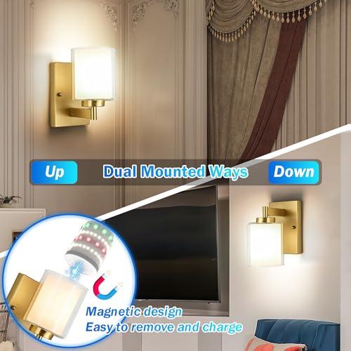 Image of Battery Operated Wall Sconce Set of 2, 10000mAh Wireless Rechargeable Wall Sconce with Remote Control, RGB Dimmable Bathroom Light Fixtures with Double Clear Glass Shade for Mirror Bedroom