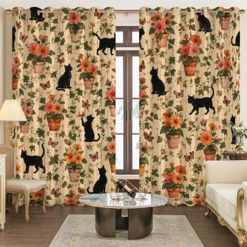 Rideaux occultants thermiques noirs 132x213 cm à œillets avec motifs de chat et fleurs pour bureau - 5