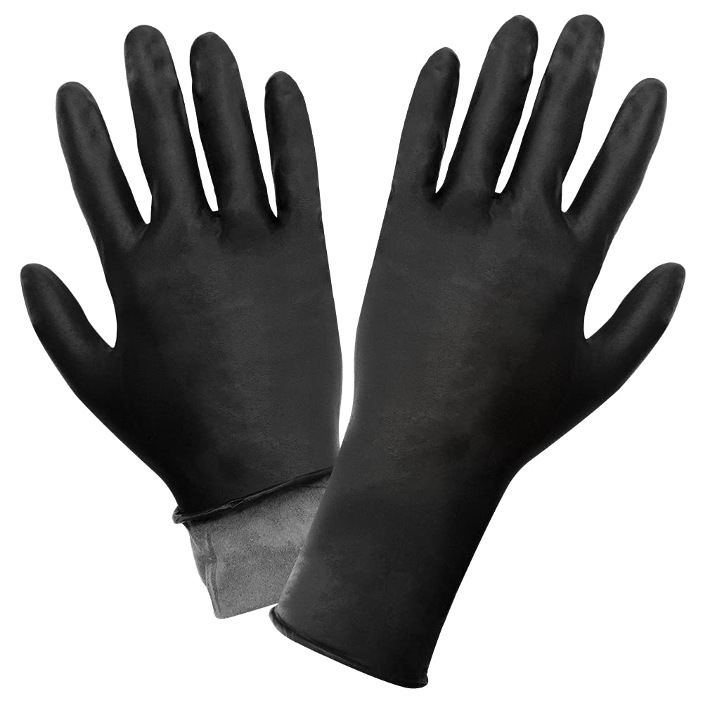 Global Glove Heavyweight Nitrile, PowderFree, Industrial-Grade, Black, 8-Mil, Flock Lined, Textured Fingertips, 11-Inch Disposable Gloves