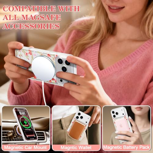 Étui iPhone 17 Pro à fleurs rouge compatible MagSafe, idée cadeau femme