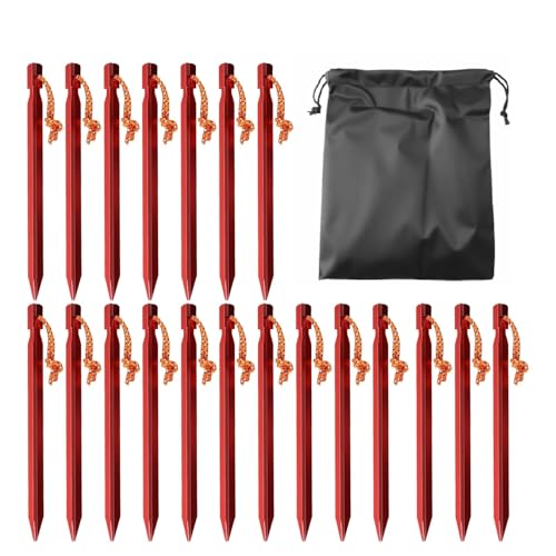 Aluminium Tent Pegs Heavy Duty, 20 Pack Red Camping Ground Pegs with Reflective Ropes and Carry Bag, 18cm Metal Tent Stakes, for Beach Hiking Tarps