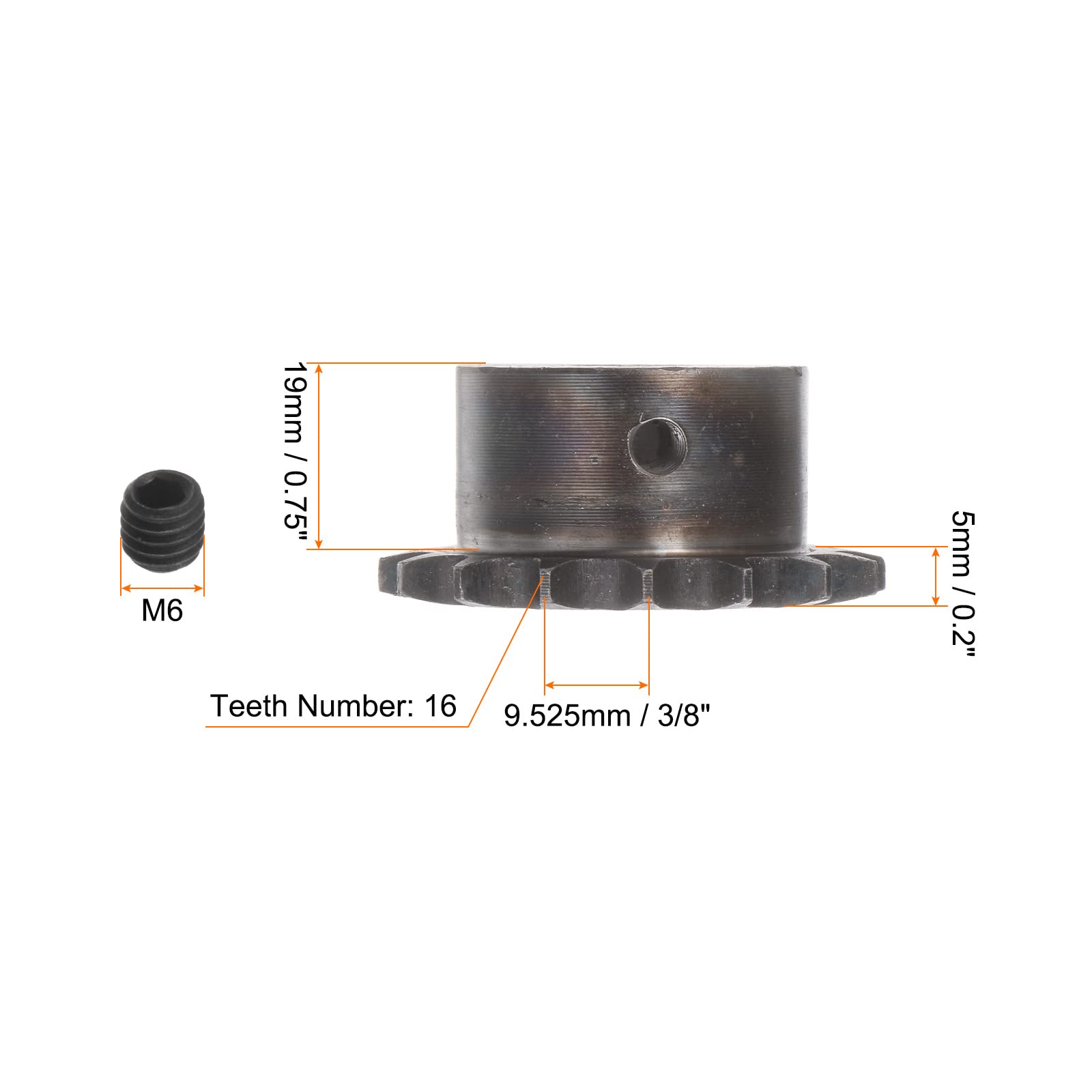 sourcing map 06B Rouleau Chaîne Pignon 16T Pas 3/8" 19mm Alésage A3 Carbone Acier Moteur Embout Engranage
