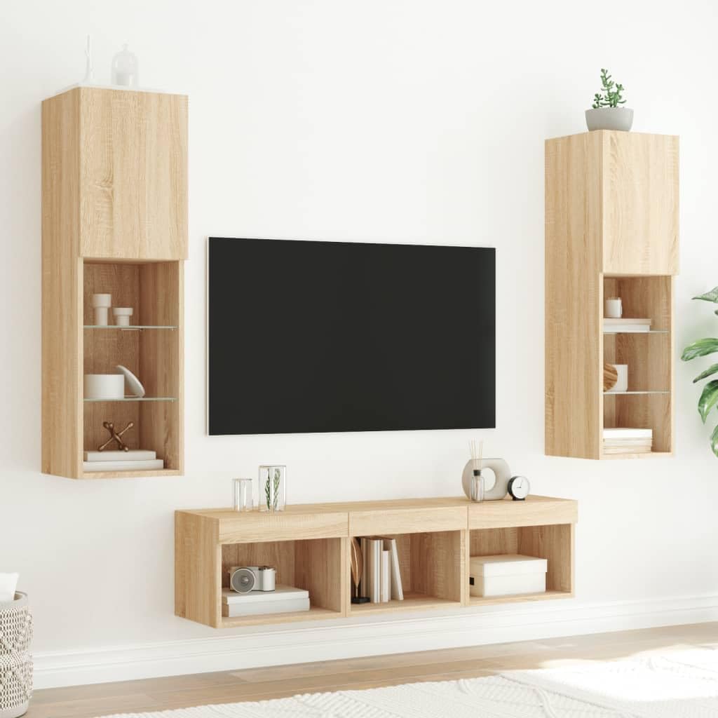 5 piezas de pared con LED RGB Sonoma roble madera de roble cristal colgante TV aparador salón Sonoma 30 x 30 x 120 cm y 40 x 30 x 30 cm diseño moderno para salón, dormitorio, oficina