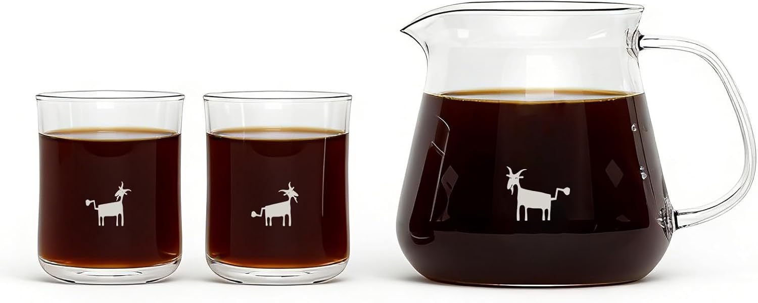 Cheerful Goat Glass Pour Over Coffee Maker Set – 360ml/12oz Coffee Server Carafe with 2 Cups – Premium Borosilicate Glass Coffee Dripper Pot, 150°C Heat Resistant (Crystal-Clear)
