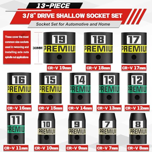 Image of 13-Piece 3 /8 inch Drive Shallow Impact Socket Set, 7-19mm, Semi-Deep Sockets, CR-V, Socket Set for Automotive and Home, Metric, 6 Point Socket Set for Automotive and Home