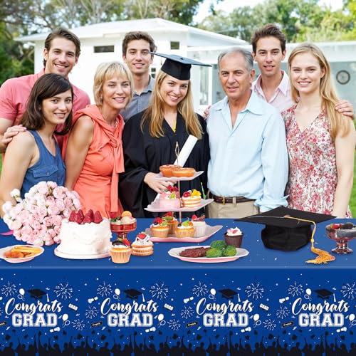 3 Pack Plastic Graduation Tablecloth, Graduation Decorations Class of 2026 Disposable Rectangle Blue Black Table Cover, 2026 Gongrats Grad Table Cloths for Graduation Party Decorations, 54x108