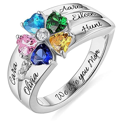 Mothers Ring Sterling Silver with 5 Birthstones & Names Personalized Women Band Custom Five Heart Shaped Stones Children Names White Gold Plated Gift for Mothers Day from Son Daughter