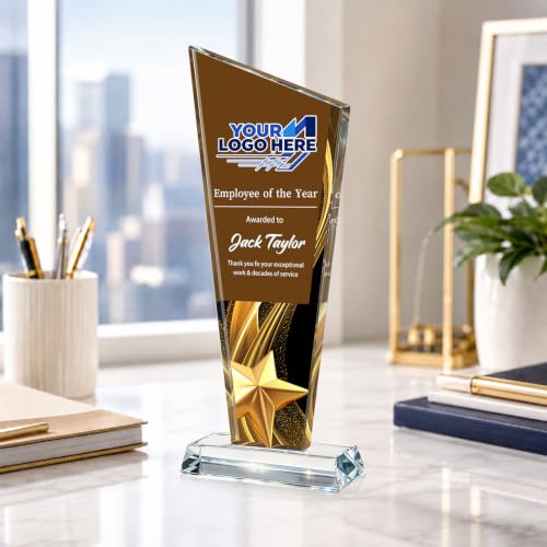 Image of Custom Crystal Trophy Award Personalized Plaque Award with Text Logo Photo Awards Trophies for Employee Recognition Team Graduation Personalized Office Gifts for Boss Coworker Teacher