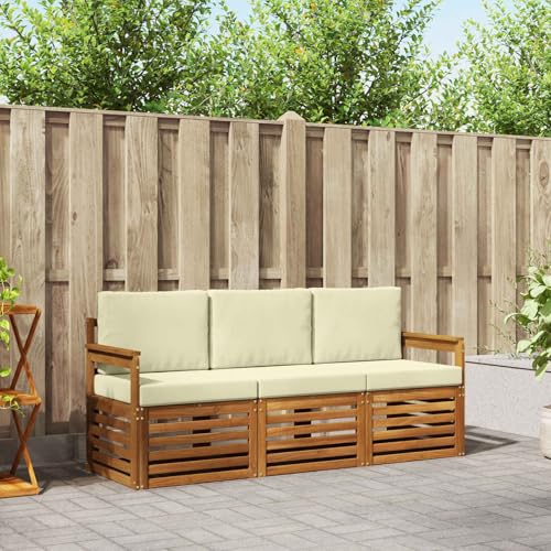 zylophax Juego de sofá 3 Piezas Madera de Acacia sólida Natural y Crema con Cojines extraíbles para jardín terraza Exterior Patio Moderno y Duradero