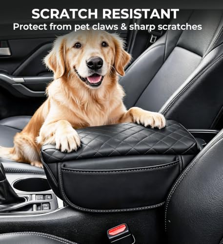 Image of Center Console Cover for Honda Pilot 2023-2026 & Passport /Ridgeline 2024-2026, 1.2-Inch Thick PU Leather Middle Armrest Cushion Protector Pad with 2 Side Pockets, Black