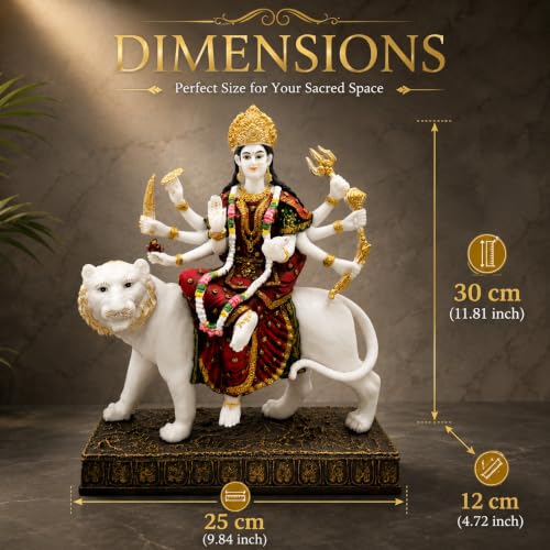 Image of ARMONIA Sherawali Devi Murti for Navratri Decor & Worship | Maa Durga Idol Sitting | Mata Murti for Home Decor, Mandir | Vaishno Devi Durga Mata Statue | Marble Dust Goddess Idol for Gift (11.81 Inch)