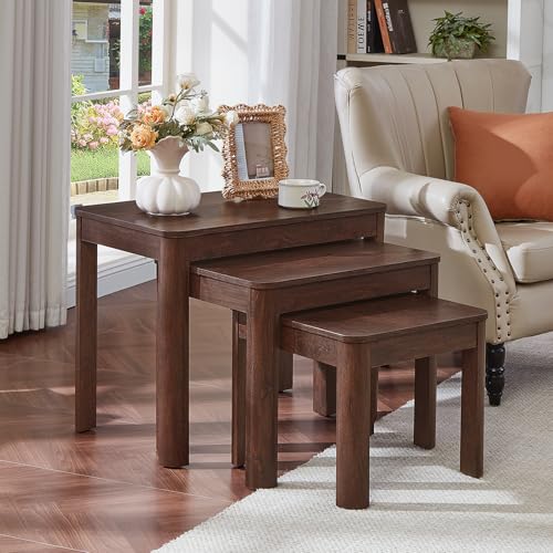 Joaxswe Farmhouse Nesting Tables Set of 3, Living Room Table Set with Rounded Corners & 4 Thickened Table Legs, Walnut