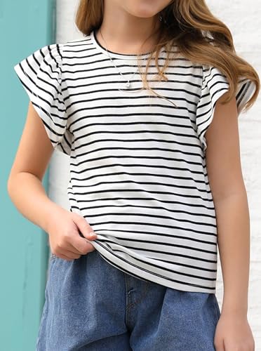 Image of Girls Striped Shirts Ruffle Sleeve Cute Top Crew Neck Casual Summer Tees White 11-12Y