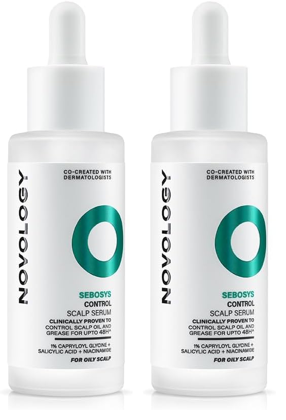 Image of Novology Sebosys Control Scalp Serum for 48hrs Oil Control with 1% Capryloyl, Salicylic Acid, Niacinamide| Targets greasy hair and itchy scalp | 50ml