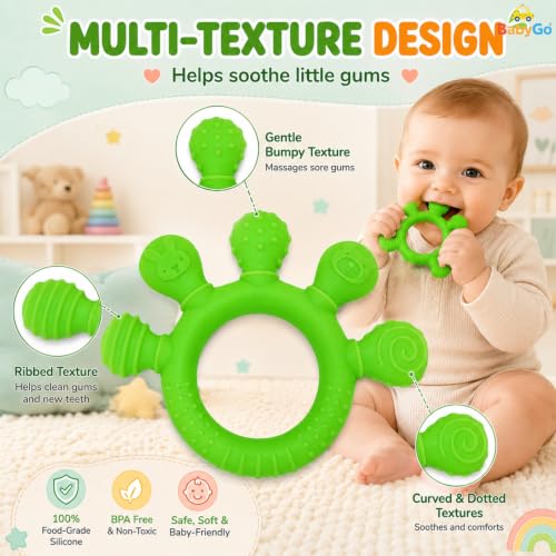 Image of BabyGo 2-in-1 Baby Teether & Sensory Ring | Soft Silicone Multi-Textured Chew Toy for Gum Soothing | Mouthing & Sensory Development | Easy-Grip Toy for Infants 3-12 Months | Green | Pack of 1