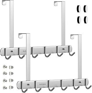 AlfaView 2 Pack Over The Door Hooks Hanger,SUS304 Stainless Steel Heavy Duty Over Door Hanger Coat Rack with 6 Hooks,Organizer Rack for Hanging Clothes, Coats,Robe, Towels and Bags