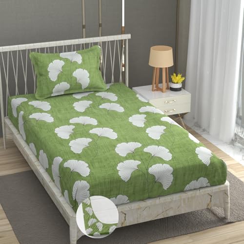 Image of Premium Heavy Cotton Elastic Fitted Bedsheets with 1 King Size Pillow Covers | Single Bed with All Around Elastic 350 TC | 36 x 78 x 6 Inch Single Size Fitted | :- Green Jhaad