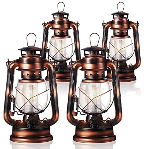 Hortsun 4 Pcs 8 Inch Vintage LED Hurricane Lantern 12 Warm LEDs and Dimmer Switch Battery Operated Farmers Hanging Lantern for Halloween Christmas Indoor Outdoor Camping Usage Decor