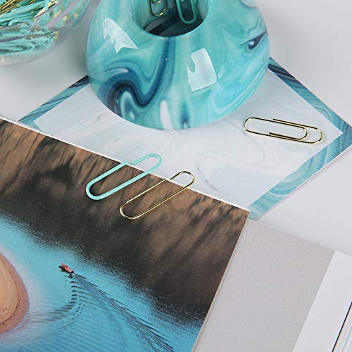 1.1” Gold & Turquoise Paper Clips Plastic Coated Metallic Paperclip Bookmark With Cute Blue-Green Magnetic Holder Home Office Supplies Desk Workspace Decors Stationery Gift Idea #TOP3
