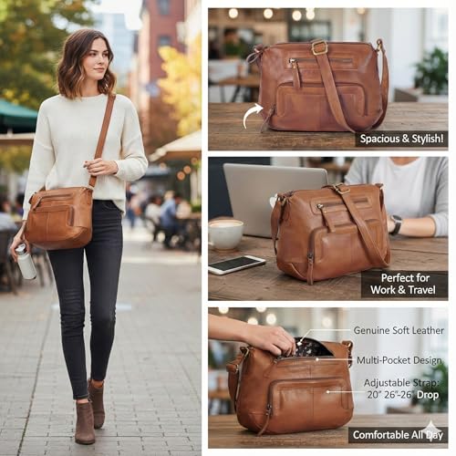 Image of Oak Leathers Women's Crossbody Bag - Genuine Leather Crossover Shoulder Purse With Adjustable Sling Strap - Medium Size