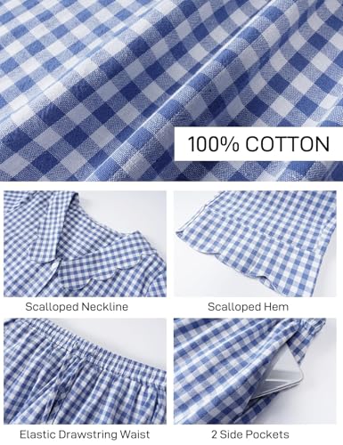 Image of Flygo Womens Gingham Pajamas Set Cotton 2 Piece Pj Set Scalloped Collar Babydoll Shirt Pants Plaid Y2K Lounge Sets