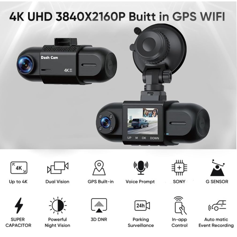 XRC TECH Samochodowy DVR z dwoma obiektywami kamera samochodowa 4K + 1080P wbudowane WiFi z GPS Tracker DVR, przednia i tylna kamera, nagrywanie w pętli, czujnik G, rejestrator wideo IR LED Night