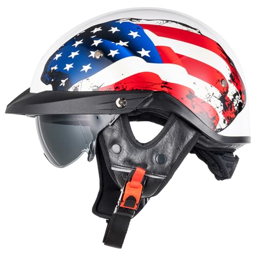 VCOROS Half Helmets Motorcycle VHF04 Open Face Sun Visor Quick Release Buckle Adjustable DOT Approved Cycling Retro Cruiser Pilot Helmets for Adults Men and Women (Gloss USA Flag, L)