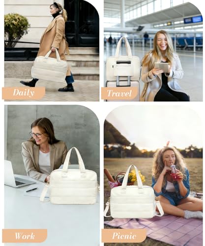 Image of PALAY Tote Bags for Women Office Use with Insulated Lunch Compartment Beige Nylon Waterproof Laptop Bag Large Puffy Quilted Travel Duffle Bag for Women