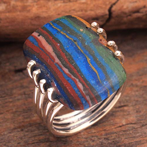 Multi Rainbow Calsilica Gemstone Royal Bali Collection Ring 925 Sterling Silver Jewelry Designer Silver Ring US Size 6