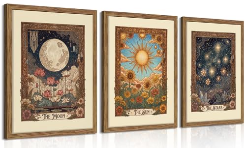 Tarot Card Wall Art Set of 3, Boho Floral Moon and Stars Canvas Wall Decor Painting, Vintage Sun And Moon Celestial Artwork Prints Pictures for Bedroom Living Room 12x16 Inch Wood Framed