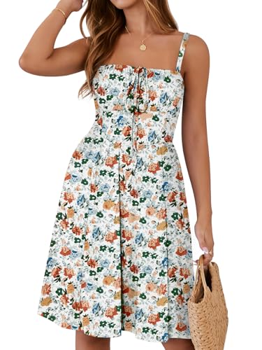 Image of YATHON Summer Mini Corset Sun Dress for Women Short Casual Square Neck Lace Up Floral Beach Vacation Dresses with Pockets