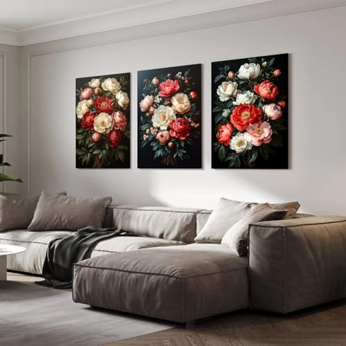 Posters plantes rétro fleurs rouges lot de 3 tableaux 50x70cm