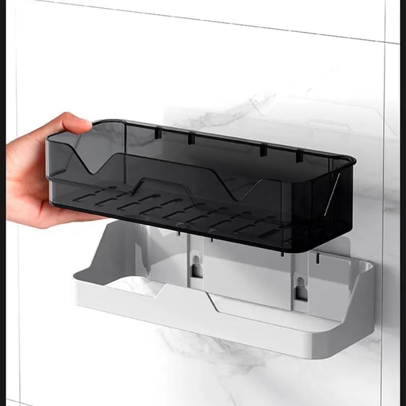 Image of TEKCOOL Wall Mounted Bathroom Shelf Organizer | 2 Tier Plastic Bathroom Rack | No Drill Adhesive Bathroom Accessories for Shampoo, Soap & Toiletries;