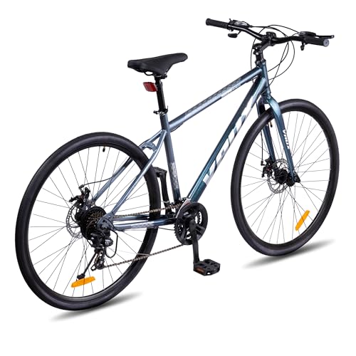 Image of Vaux City-Pro Hybrid Cycle for Men with Gears|21 Speed Shimano Gears| 19 Inch HI-Ten Steel Frame| Dual Disc Brakes| 700x35C Tyres|Double-Wall Alloy Rims (Grey-Blue, Multispeed, Rigid Fork)