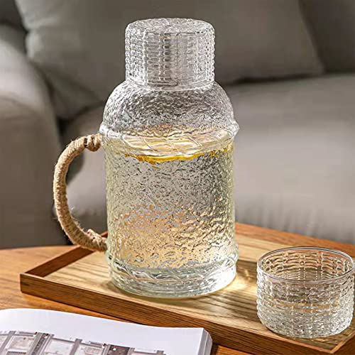 ZWMBYN Set di caraffa d'acqua e vetro vintage, 2,5 l di cristallo con bicchiere di vetro per comodino, elegante collutorio decanter e brocca d'acqua con manico per conservare le bevande