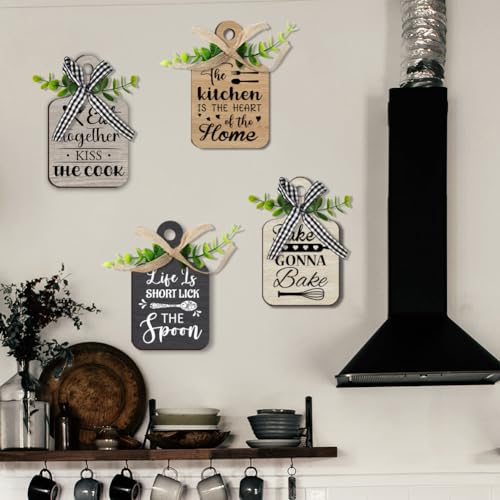 PH PandaHall 4pcs Kitchen Wooden Hanging Signs, 3.5x5.9 inch Wood Sign Kitchen Wall Decor Hanging Plaques Farmhouse Eat Sign for Home Dining Living Room Bar Cafe Art Decor