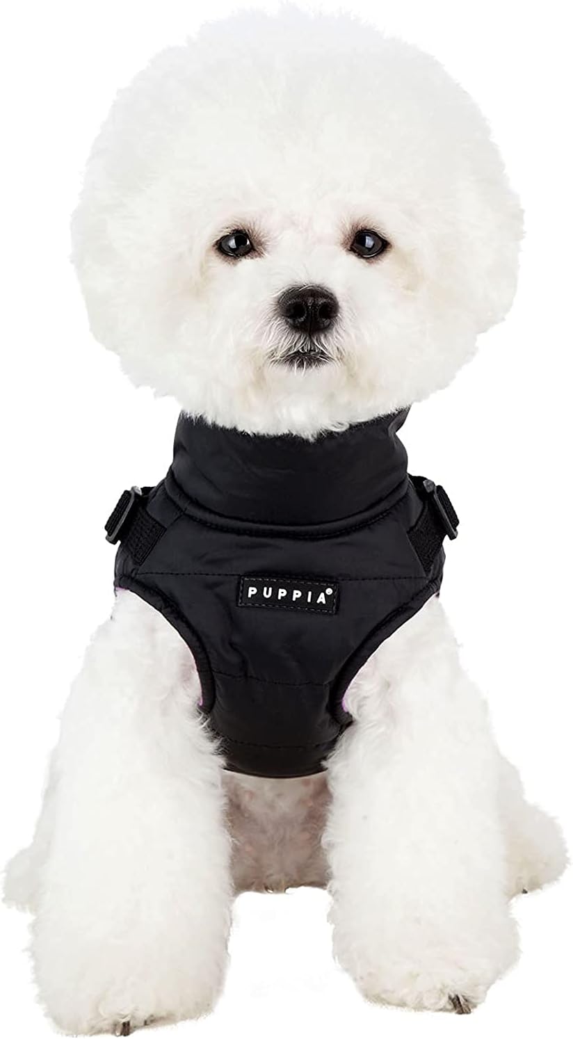Puppia Mountaineer Winter Dog Coat with integrated harness No Pull Cold Weather Waterproof Warm Fleece Back Zipper for Small & Medium Dog, BLACK, Large