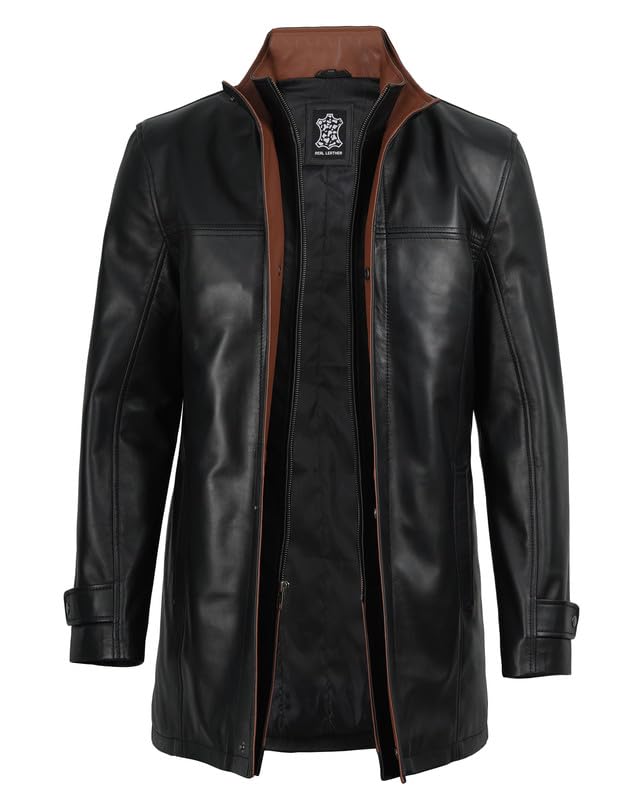 Image of Blingsoul Real Lambskin Long Leather Jacket Men - Mid-Length Mens Leather Coat