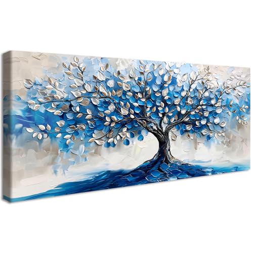 HALFLEMART Stampa su tela Con Cornice Albero della Vita Astratto Pittura Argento Albero Blu Navy Quadri su tela Quadri Moderni Quadretti da Parete Stampa da Parete Soggiorno Camera da Letto 50x120cm