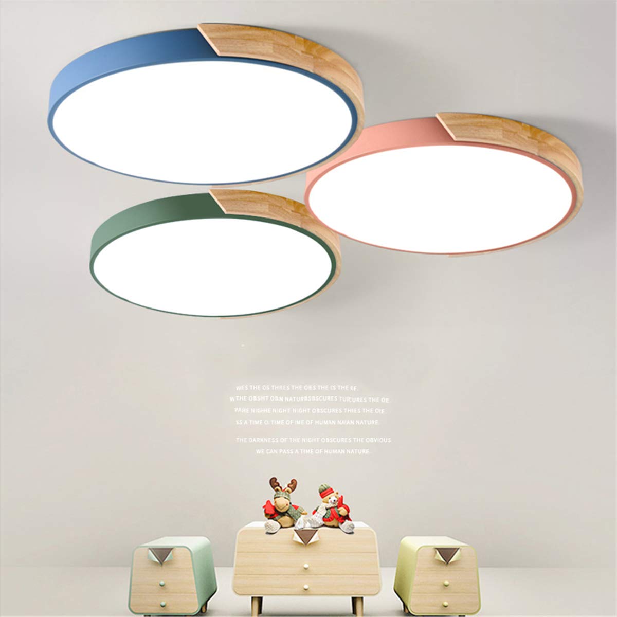 Plafonnier LED En Bois Moderne À Encastrer, 12 Pouces 2400LM 6500K, Luminaires De Lampe En Bois Rond Ultra Mince Pour Cuisine Salle De Bain Salon Chambre Couloir,Bleu,Tricolor light