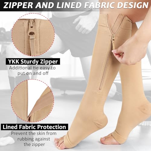 Image of Ailaka Zipper Compression Socks for Women Men, 20-30 mmHg Open Toe Compression Socks Knee High, Ted Hose Compression Stockings for Edema, Varicose Veins