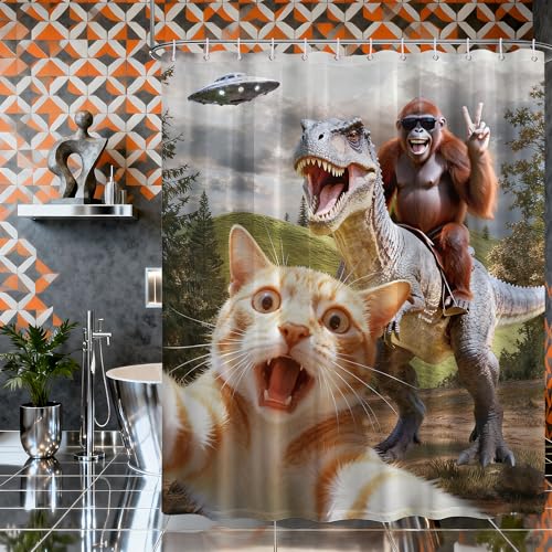 Image of Extra Tall Shower Curtain XL Fun Cat Riding Dinosaur, 70 x 96 Inchs
