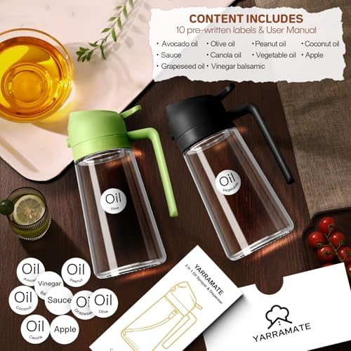 YRRAMATE 16oz/470ml Glass Olive Oil Sprayer for Cooking with Stickers, 2 in 1 Oil Dispenser for Kitchen Gadgets, Food Grade Premium Spray Bottle with Portion Control for Salad, Frying, BBQ (Green)