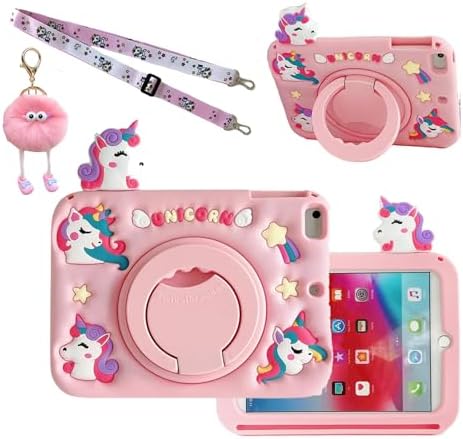 3D Cute Unicorn Case for iPad mini 7 (A17 Pro) 2024/Mini 6 2021 8.3 inch,Kawaii Cartoon Pretty Animal Soft Silicone Rotating Stand Case with Lanyard for Kids Teens Girls Women- Pink image 5