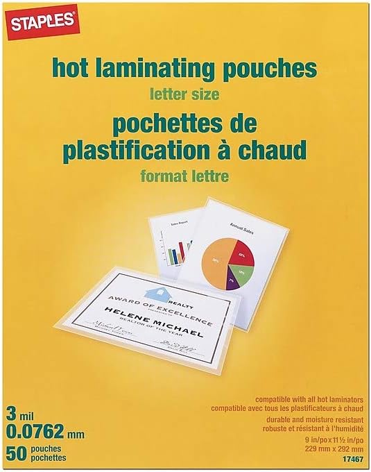 Staples Letter Size Thermal Laminating Pouches, 3 mil, 50 Pack Office Products