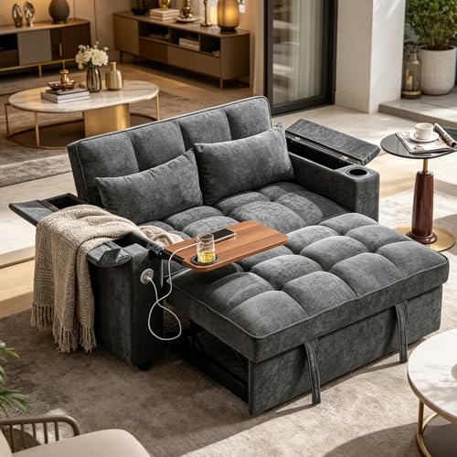 luckdect Canapé d'angle Convertible,3-en-1 Canapé 2 Places avec Méridienne et Coussins,Porte-Gobelets,Dossier Réglable,Port USB et Type-C,Table...