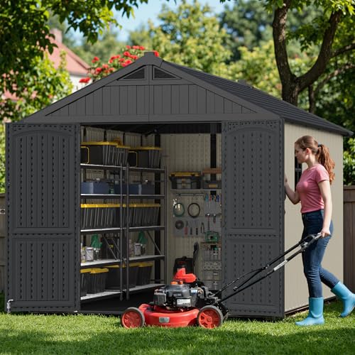 Image of Greesum 8X12FT Plastic Outdoor Storage Shed with Floor, Resin Sheds, Beige