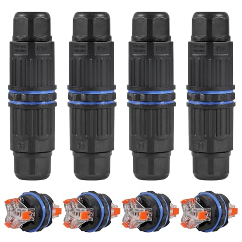 4PCS Waterproof IP68 Junction Box Outdoor 3 Pin Electrical Cable Connector Quick Fixing Wire Connector for 3.5-10mm Wire Range(AC 250V, 16A), Screwless Installation