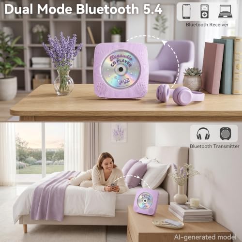 Image of CD Player Portable Bluetooth Rechargeable: CD Players for Home Kegaudio 1800mAh Desktop Wall CD Player with Speakers with Dust Cover FM Radio USB Remote Control
